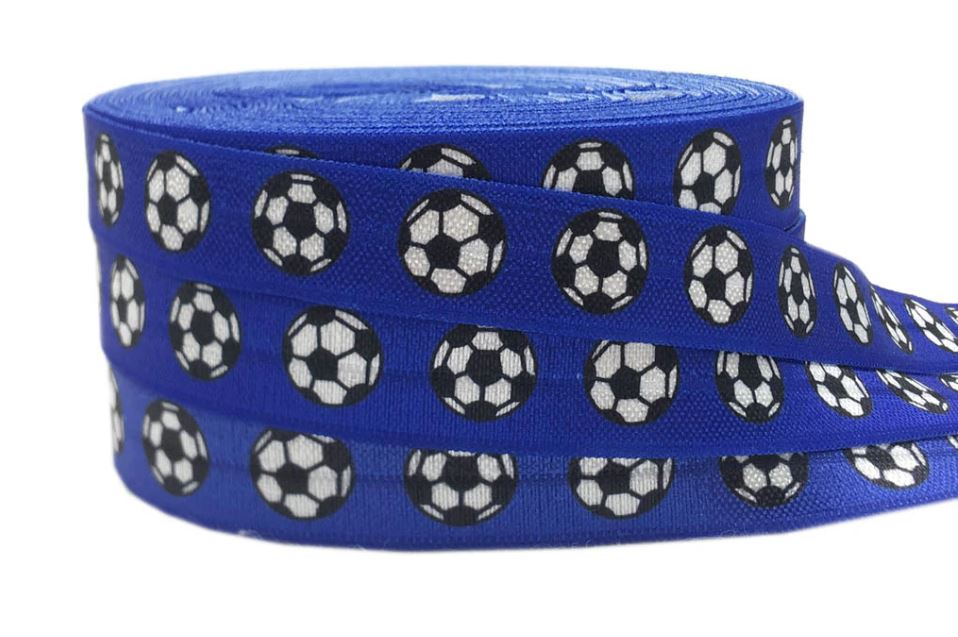 Blue Soccer Fold Over Elastic Ribbon - 10 Yard Roll