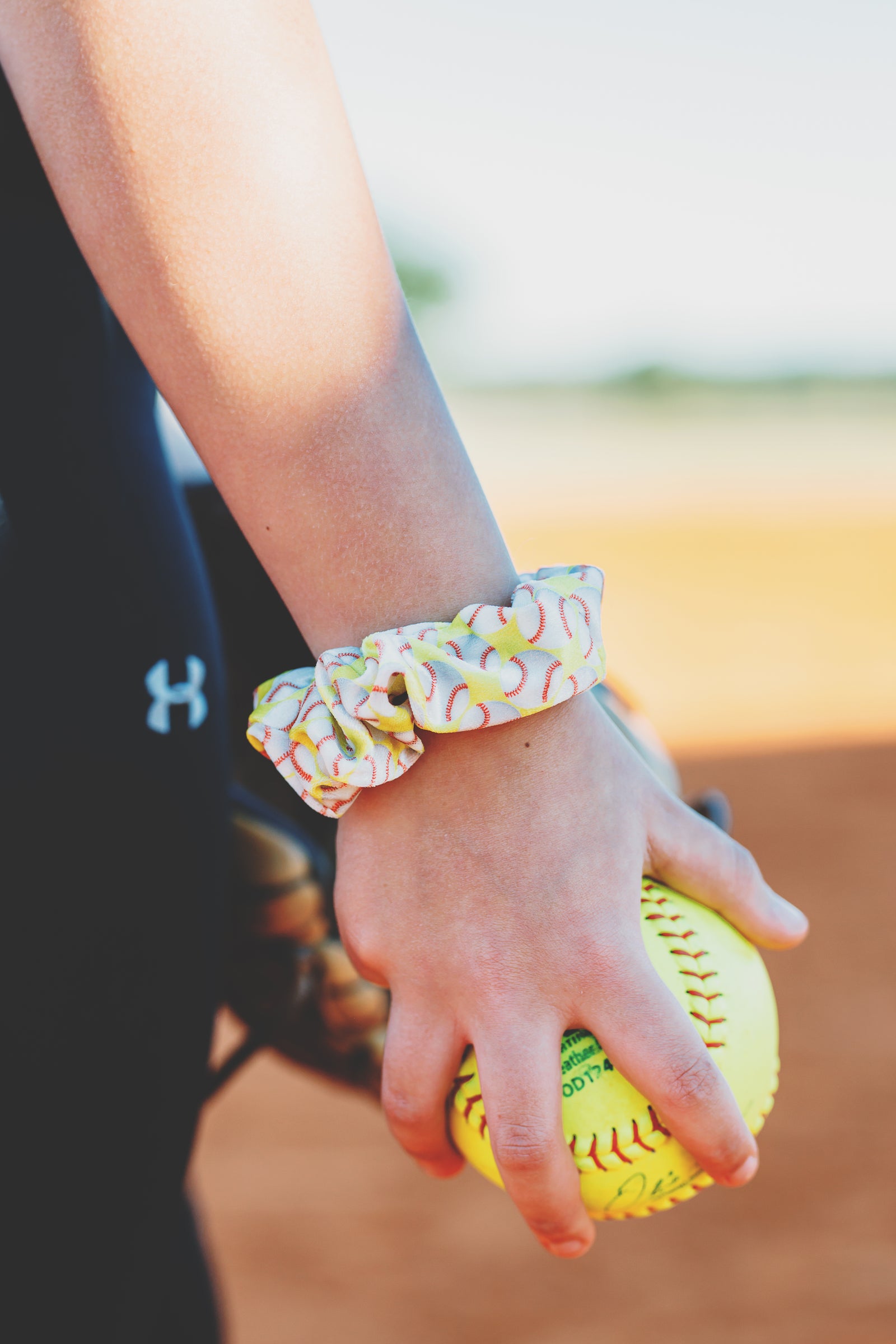 Yellow velvet softball themed hair scrunchy
